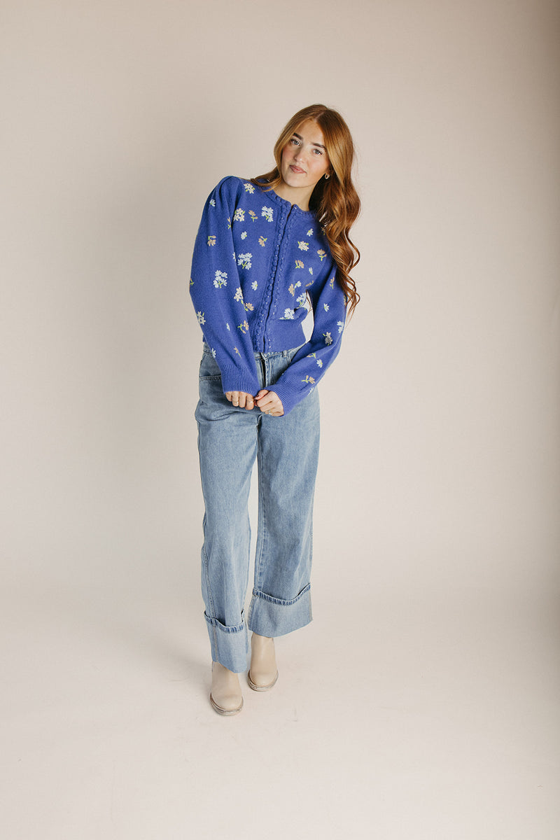 The Conlan Floral Embroidered Cardigan in Blue