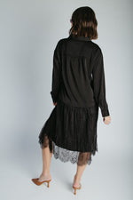 The Illiana Mixed Satin + Lace Midi Dress in Black