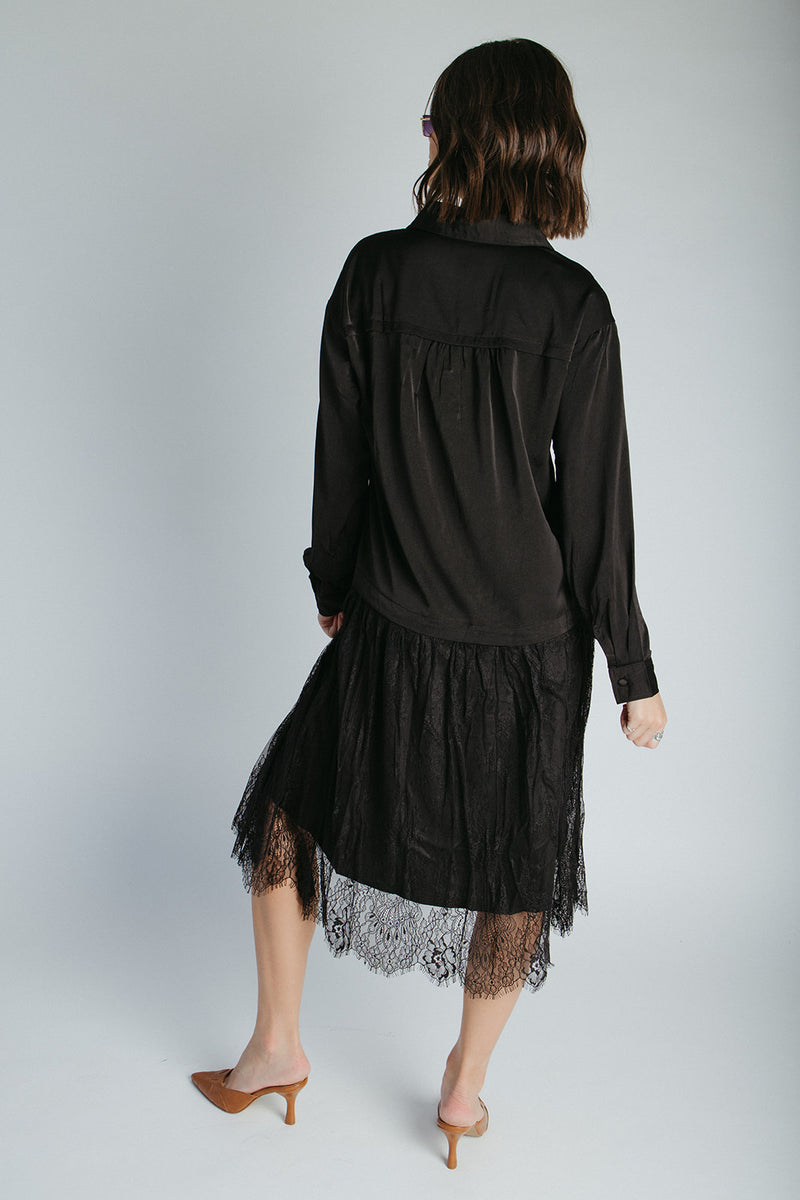 The Illiana Mixed Satin + Lace Midi Dress in Black