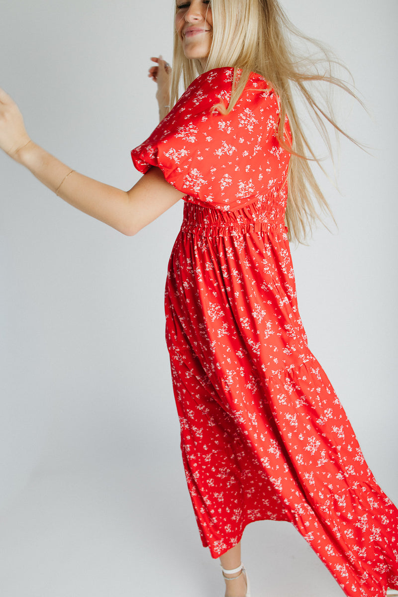 The Danika Bubble Sleeve Maxi Dress in Red Multi