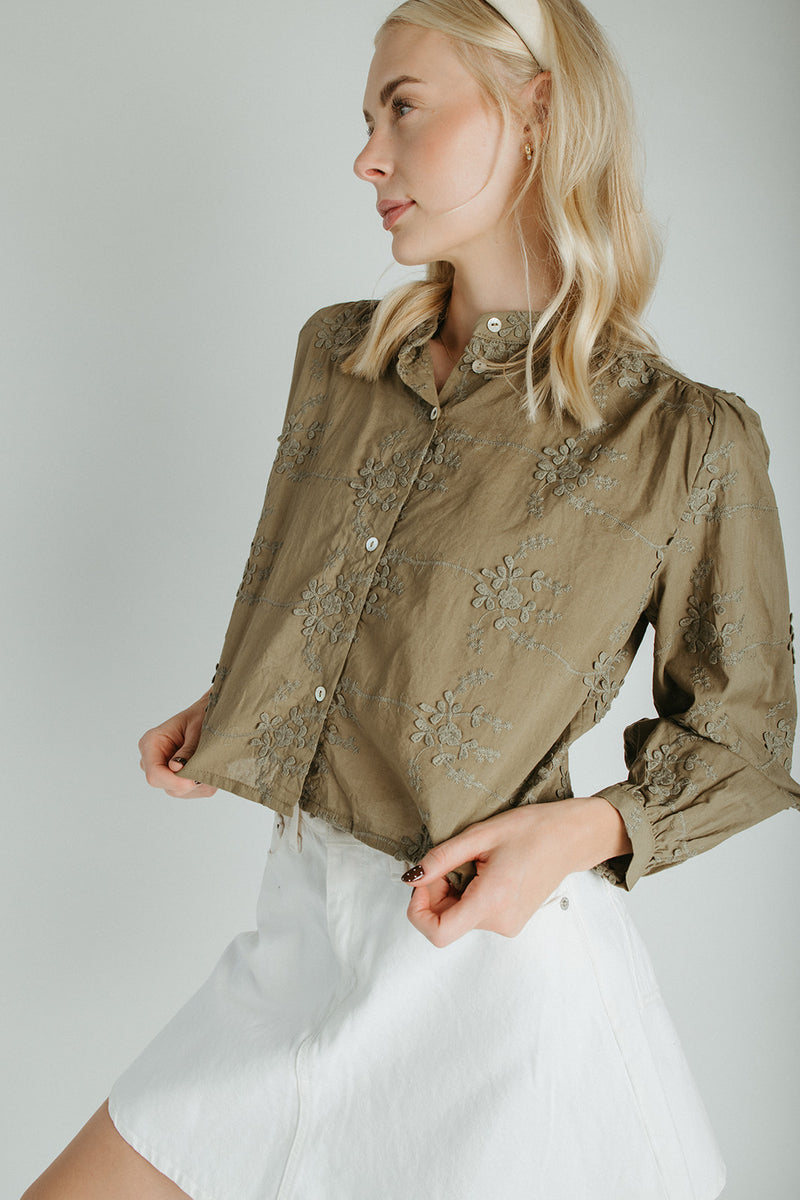 The Daniella Lace Button-Up Blouse in Olive