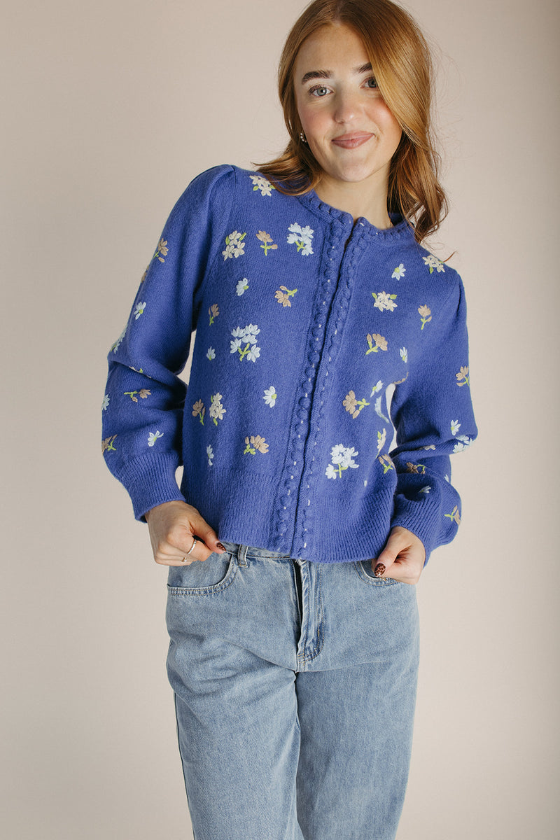 The Conlan Floral Embroidered Cardigan in Blue