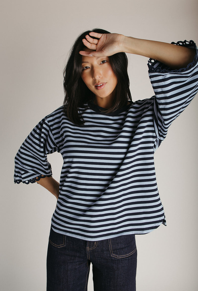 The Betsy Lace Trim Blouse in Navy Stripe