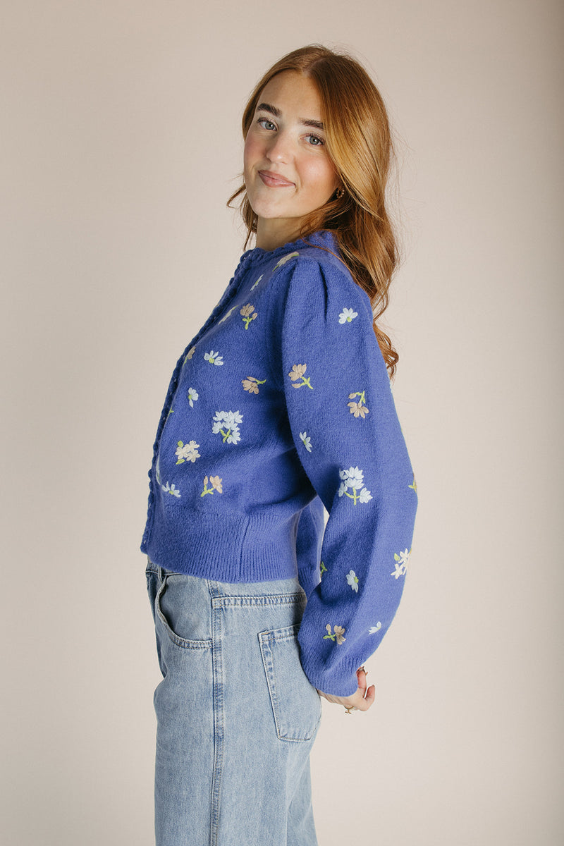 The Conlan Floral Embroidered Cardigan in Blue