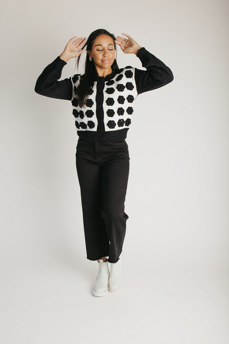 The Adkins Rose Applique Cardigan in Black