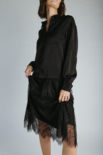 The Illiana Mixed Satin + Lace Midi Dress in Black