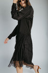 The Illiana Mixed Satin + Lace Midi Dress in Black