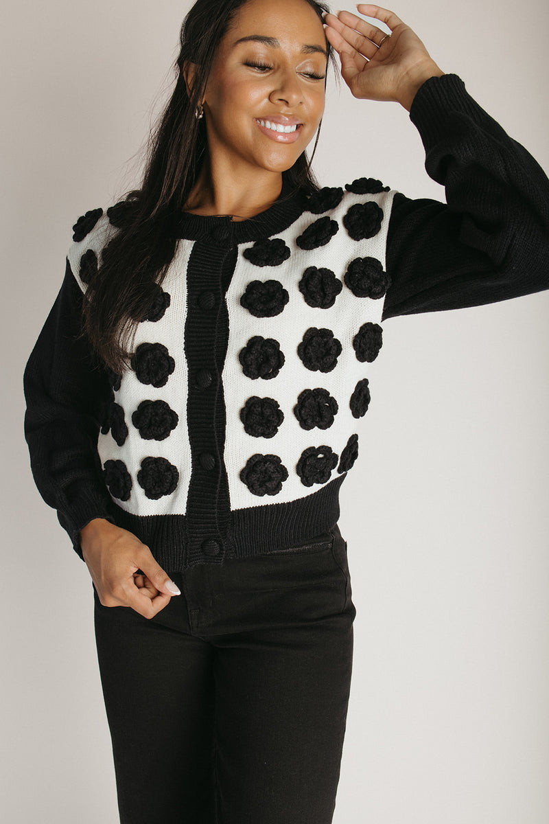 The Adkins Rose Applique Cardigan in Black