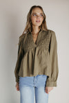 The Elio Honeycomb Smocked Blouse in Olive