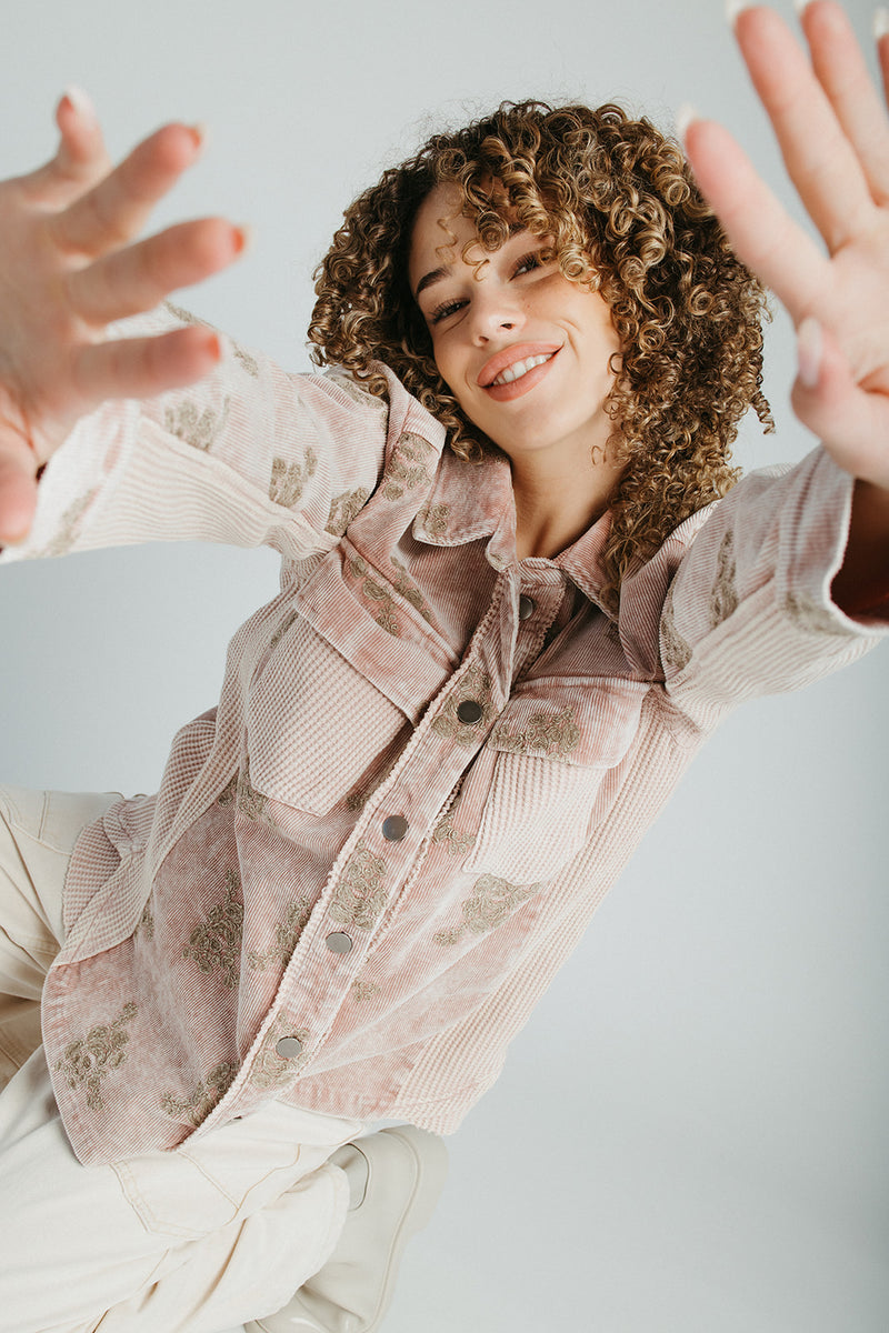The Kimber Corduroy Embroidered Jacket in Washed Rose