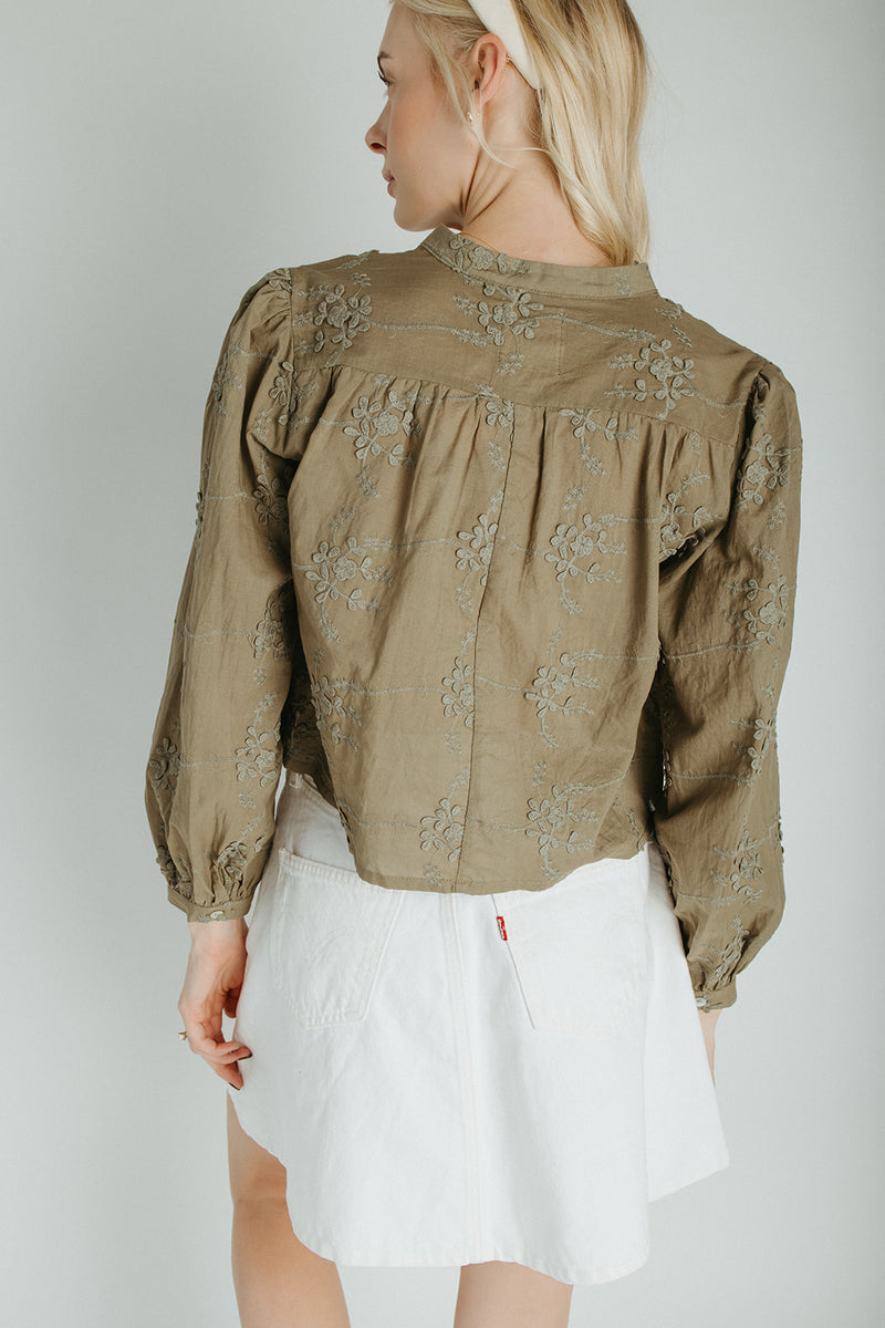 The Daniella Lace Button-Up Blouse in Olive