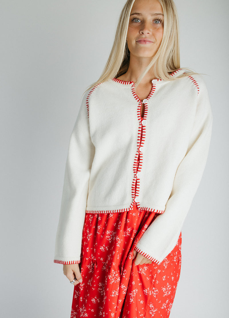The Layne Stitch Detail Sweater in Ivory + Red