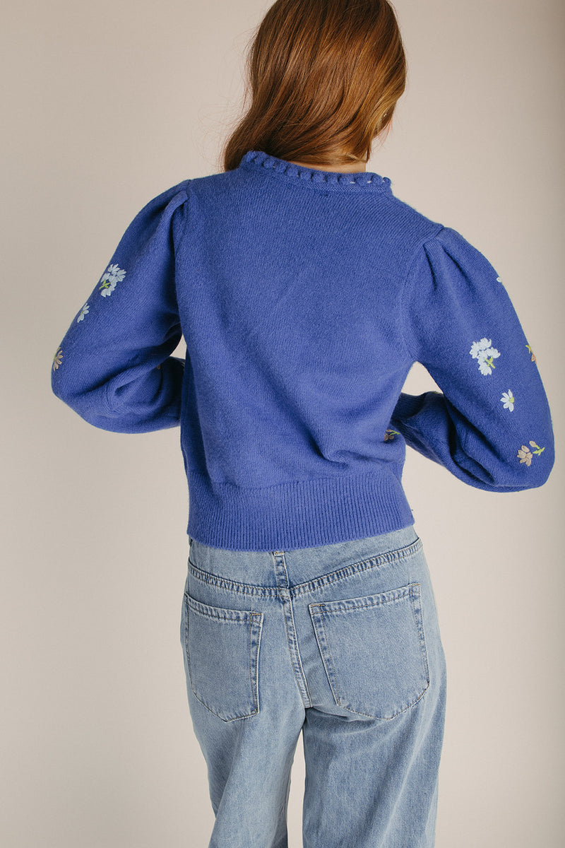 The Conlan Floral Embroidered Cardigan in Blue