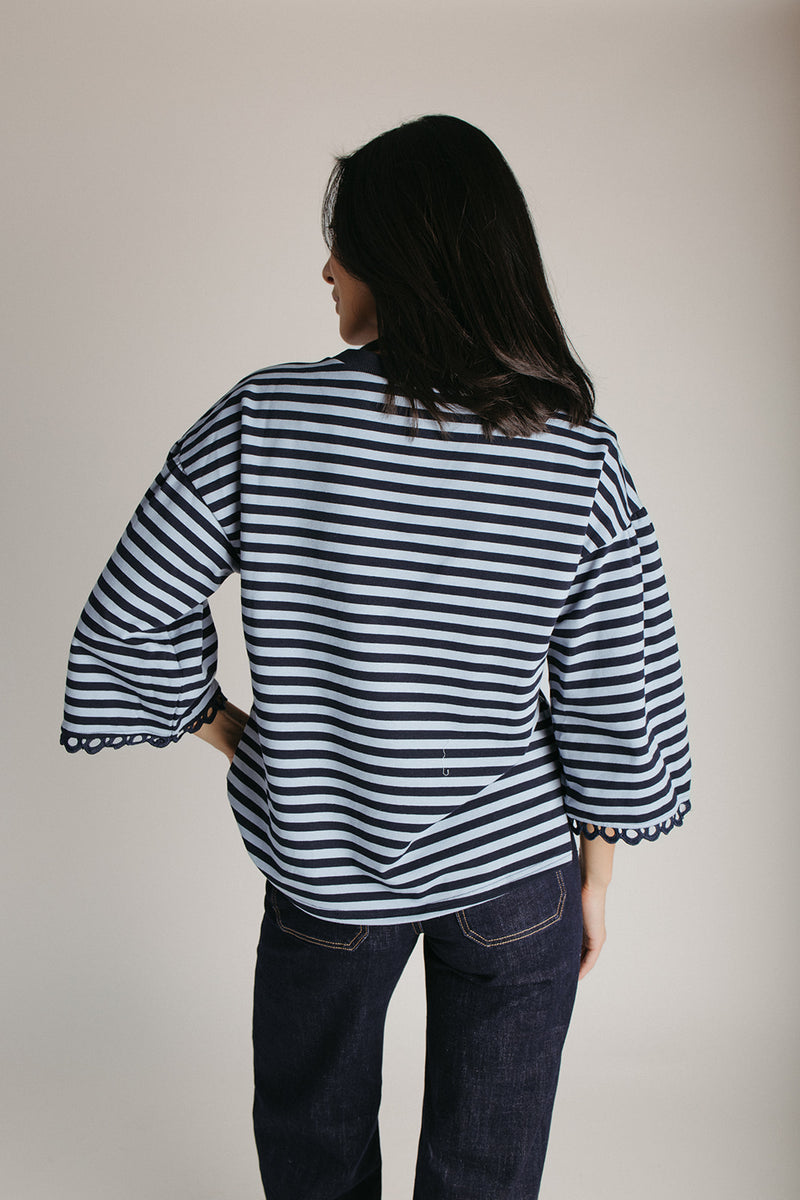 The Betsy Lace Trim Blouse in Navy Stripe