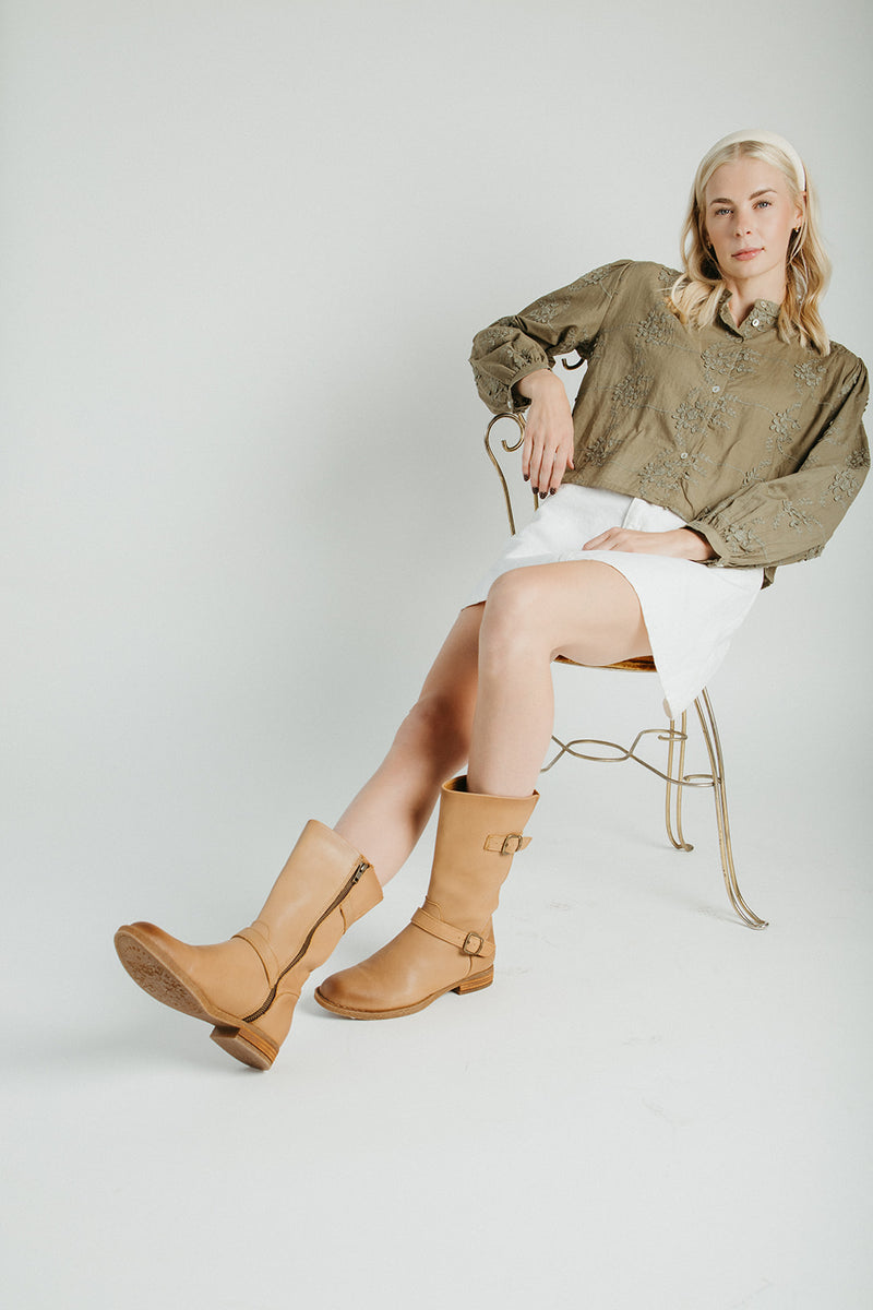 The Daniella Lace Button-Up Blouse in Olive