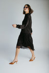 The Illiana Mixed Satin + Lace Midi Dress in Black
