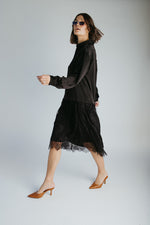 The Illiana Mixed Satin + Lace Midi Dress in Black