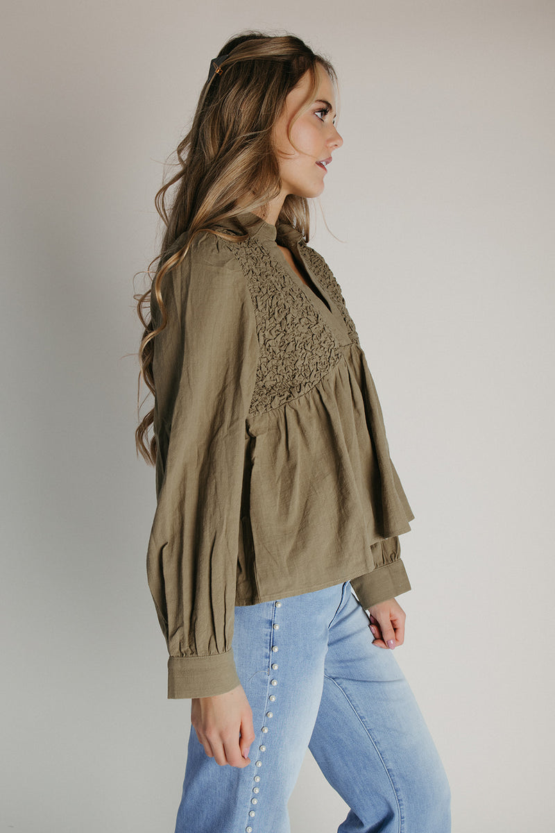 The Elio Honeycomb Smocked Blouse in Olive