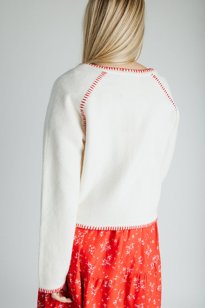 The Layne Stitch Detail Sweater in Ivory + Red