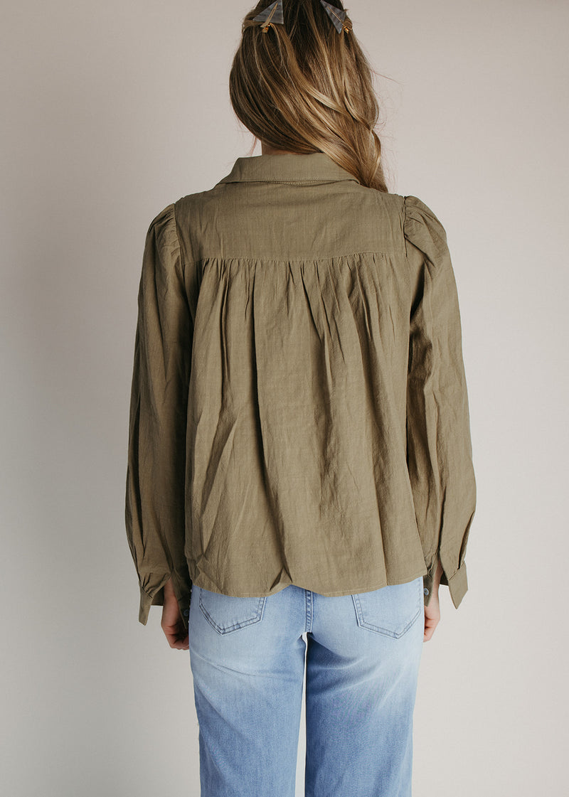 The Elio Honeycomb Smocked Blouse in Olive