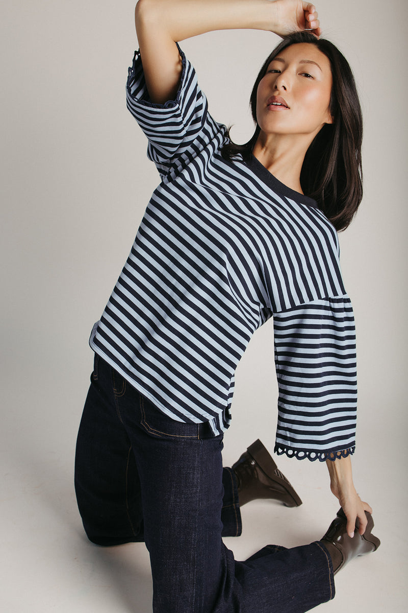 The Betsy Lace Trim Blouse in Navy Stripe