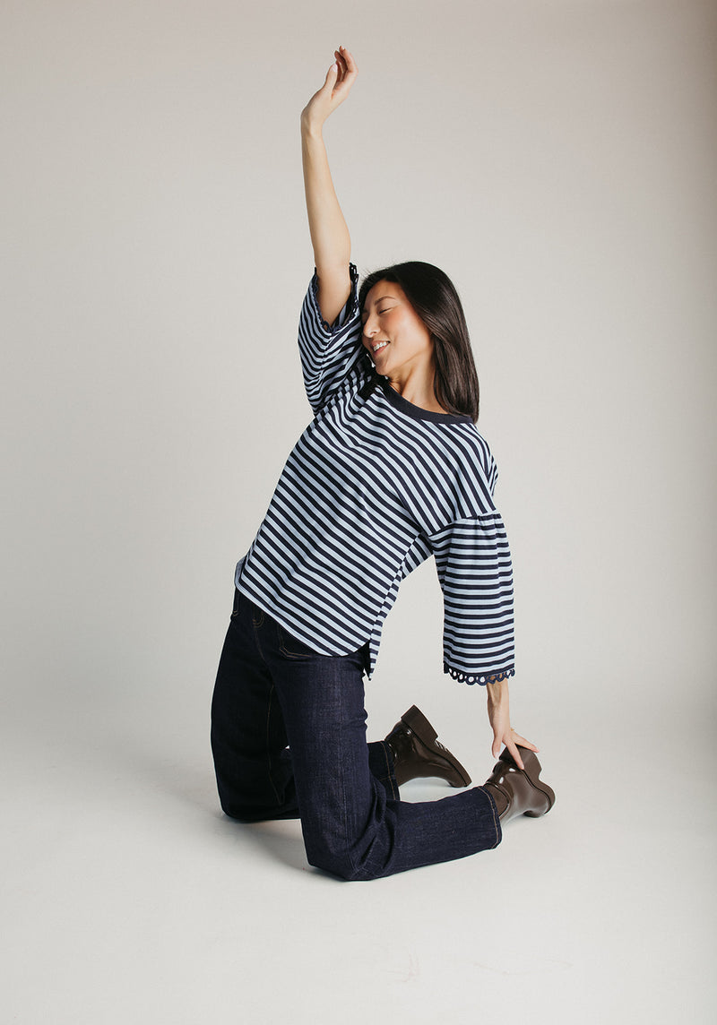 The Betsy Lace Trim Blouse in Navy Stripe