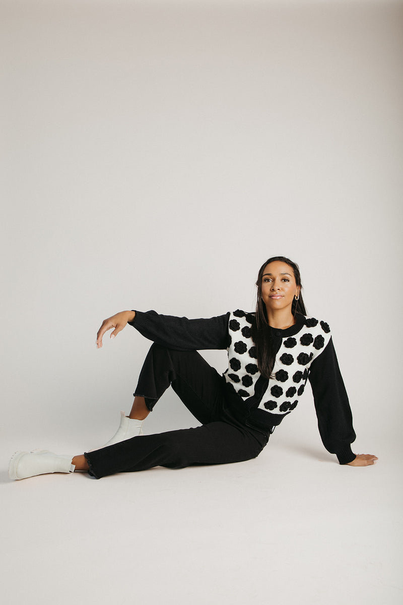 The Adkins Rose Applique Cardigan in Black