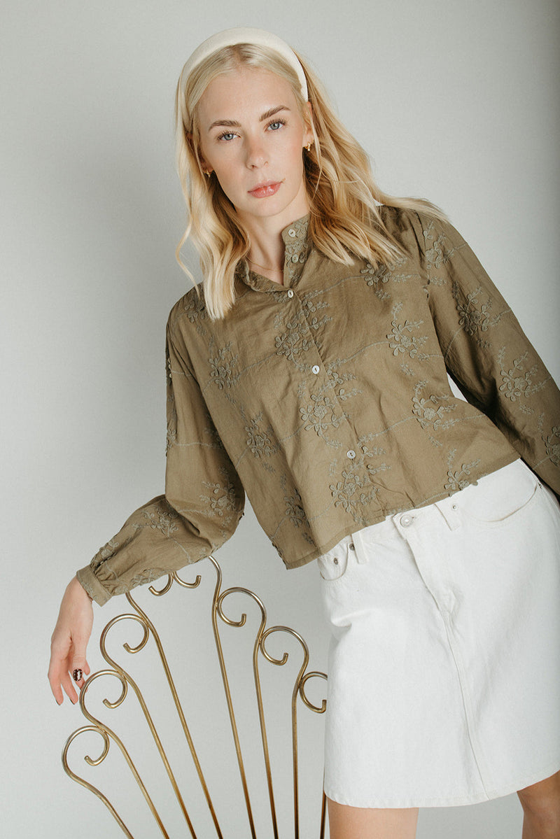 The Daniella Lace Button-Up Blouse in Olive