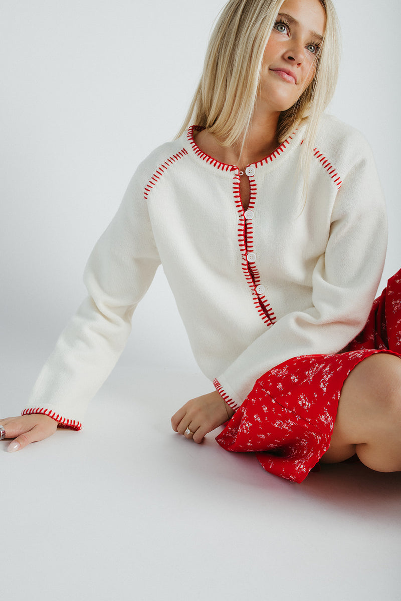 The Layne Stitch Detail Sweater in Ivory + Red
