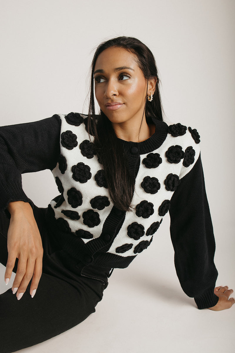 The Adkins Rose Applique Cardigan in Black