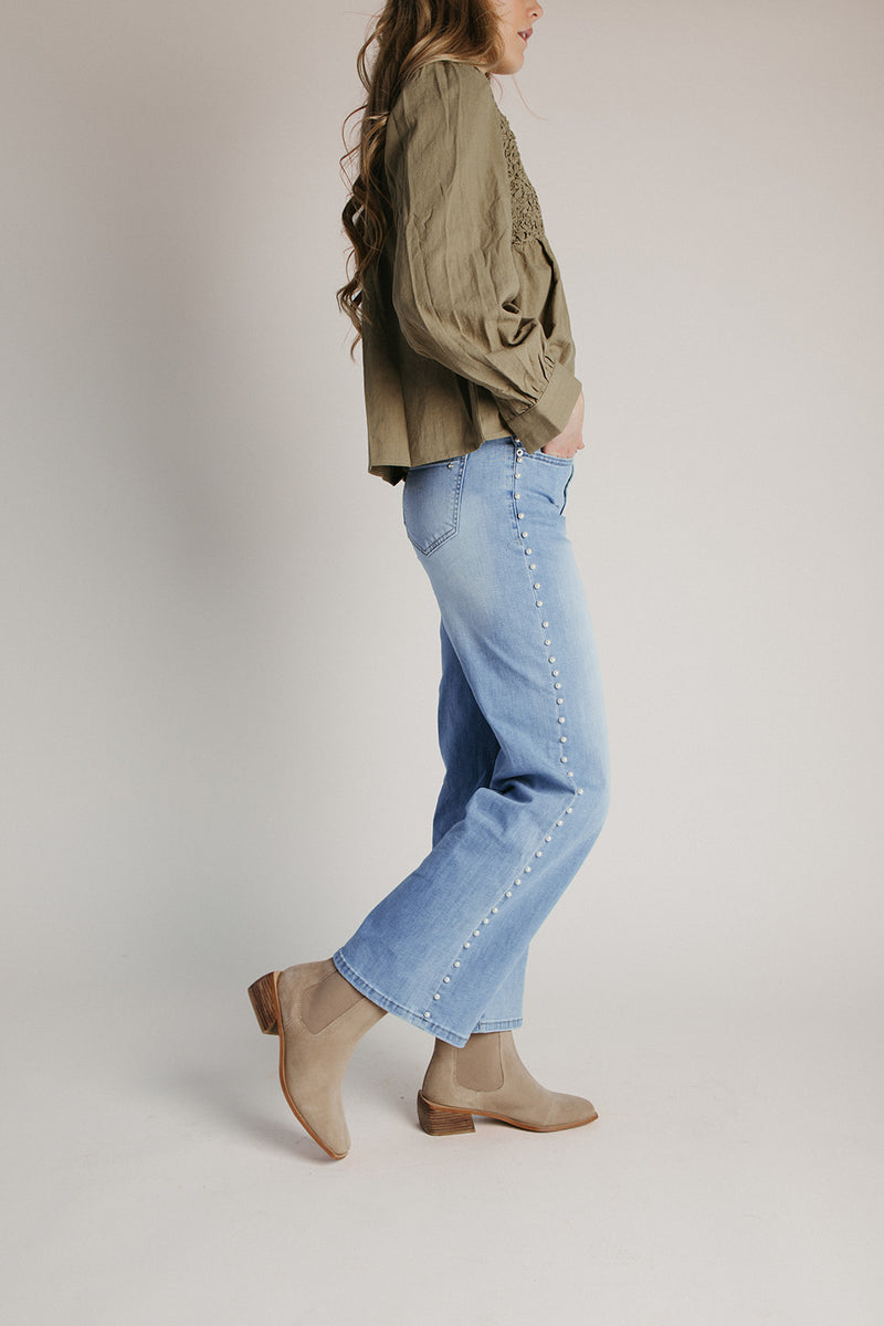The Gasly Wide Leg Pearl Embellishment Jean in Ivy Indigo