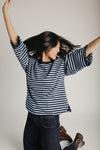 The Betsy Lace Trim Blouse in Navy Stripe