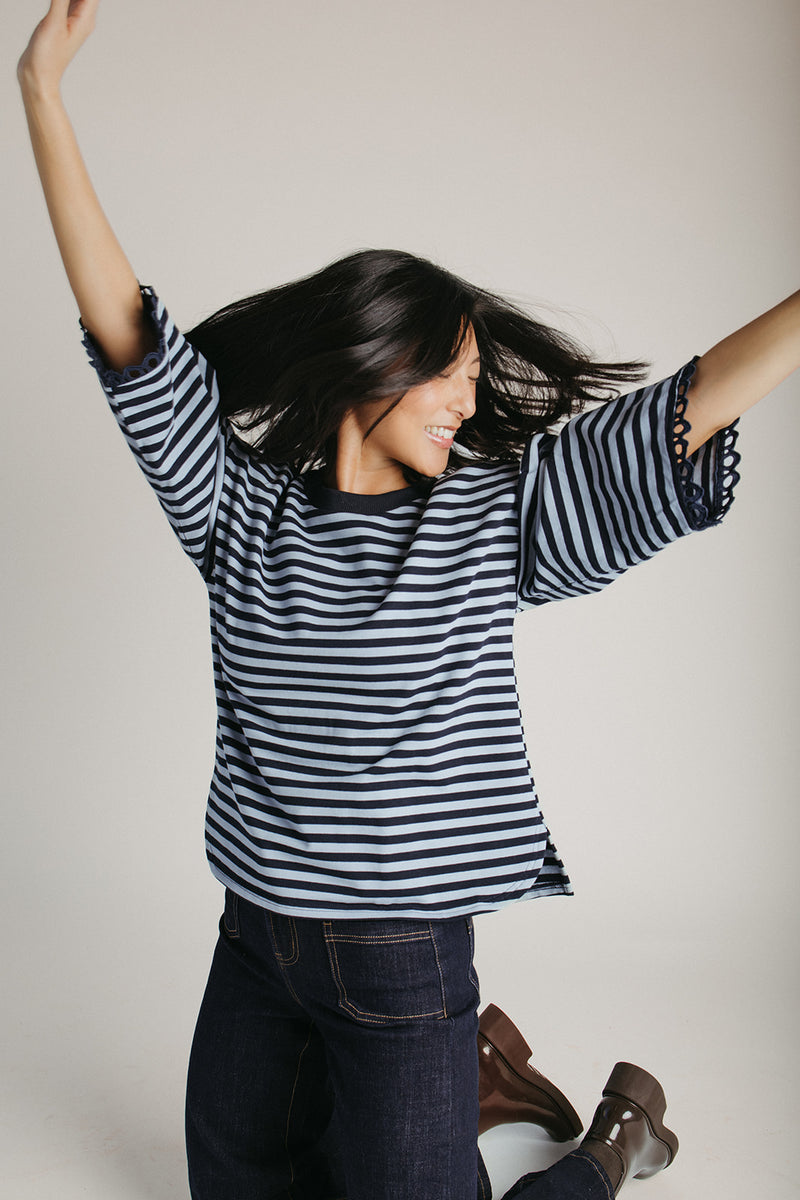 The Betsy Lace Trim Blouse in Navy Stripe