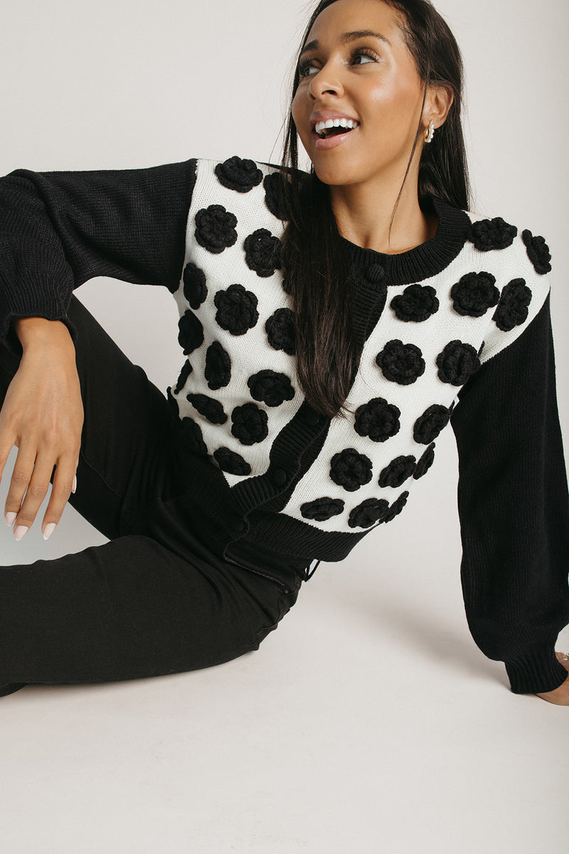 The Adkins Rose Applique Cardigan in Black