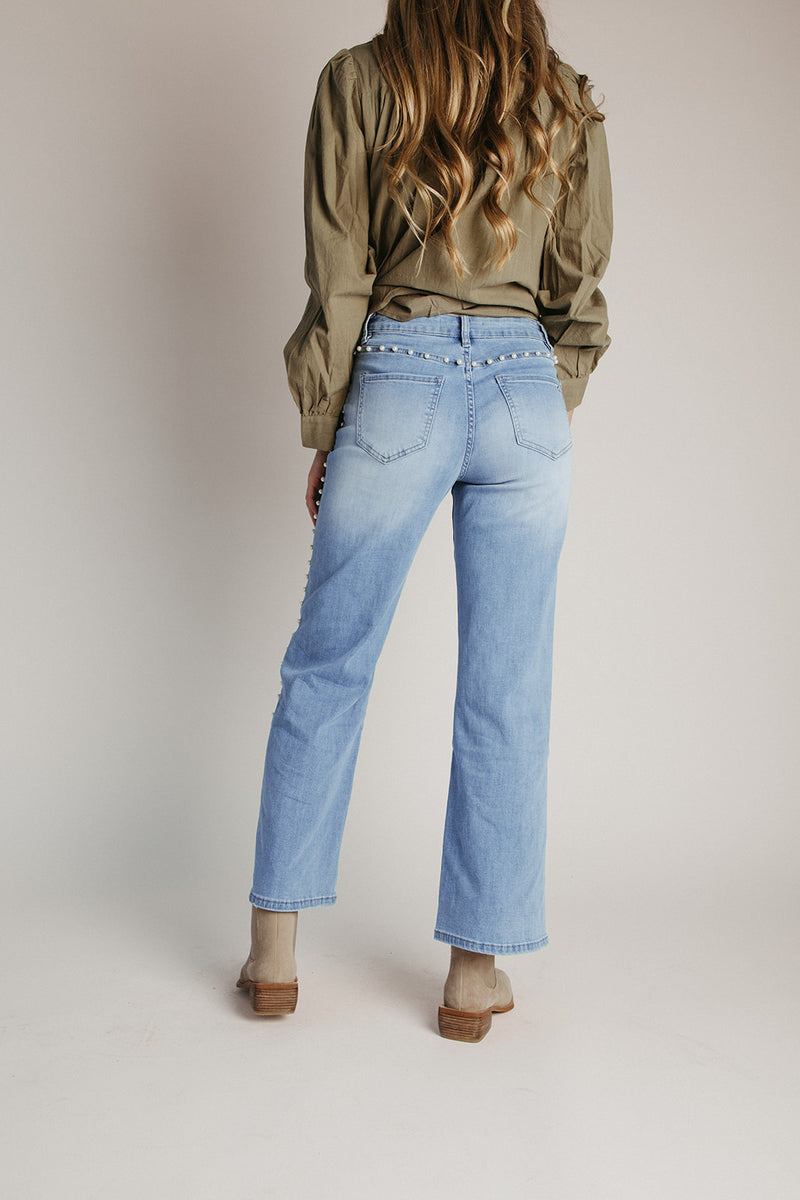 The Gasly Wide Leg Pearl Embellishment Jean in Ivy Indigo
