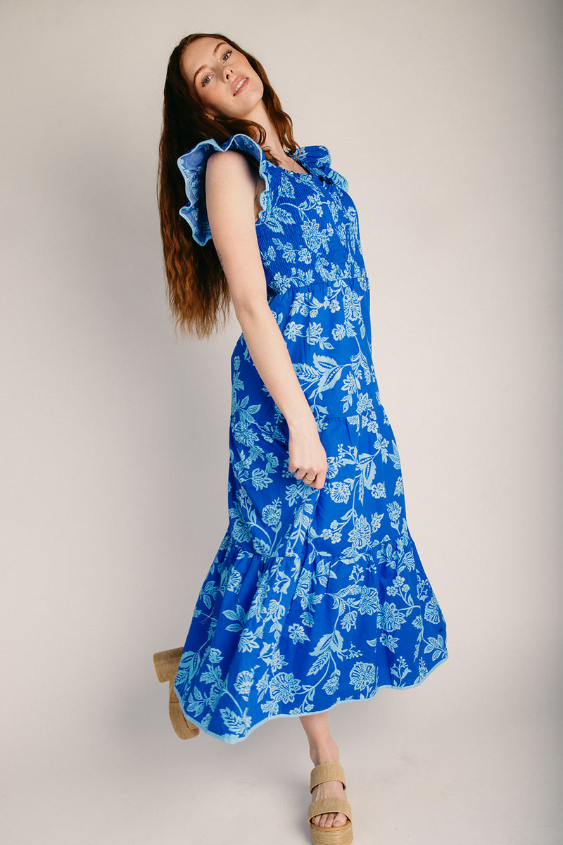 blue floral tiered midi dress The Persa in Medium tiered midi skirt
