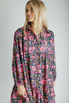 The Jarding Floral Tiered Dress in Navy + Fuchsia
