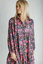 The Jarding Floral Tiered Dress in Navy + Fuchsia