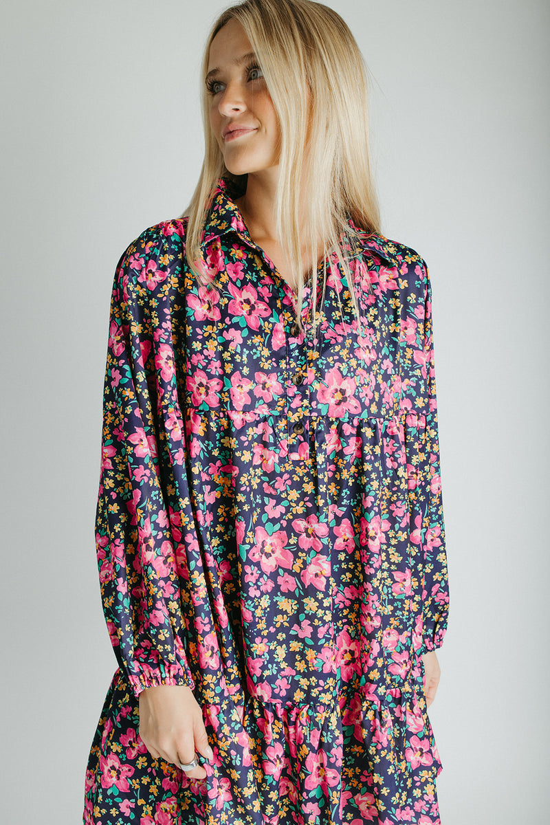 The Jarding Floral Tiered Dress in Navy + Fuchsia
