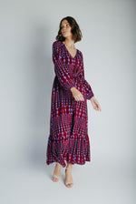 The Michelle V-Neck Patterned Dress in Burgundy + Blue