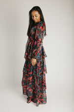 The Keshla Tiered Organza Maxi Dress in Black + Red