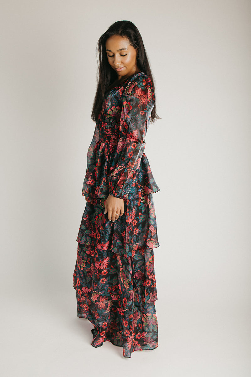 The Keshla Tiered Organza Maxi Dress in Black + Red