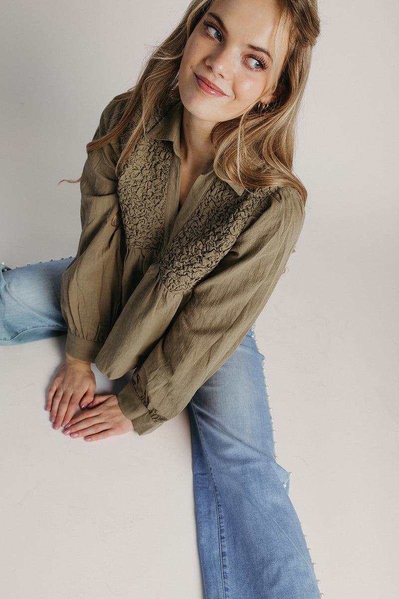 The Elio Honeycomb Smocked Blouse in Olive
