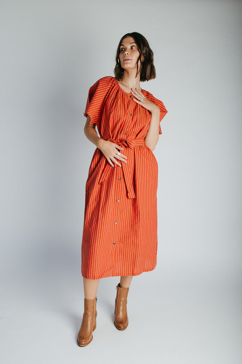 The Tessie Striped Linen Midi Dress in Orange