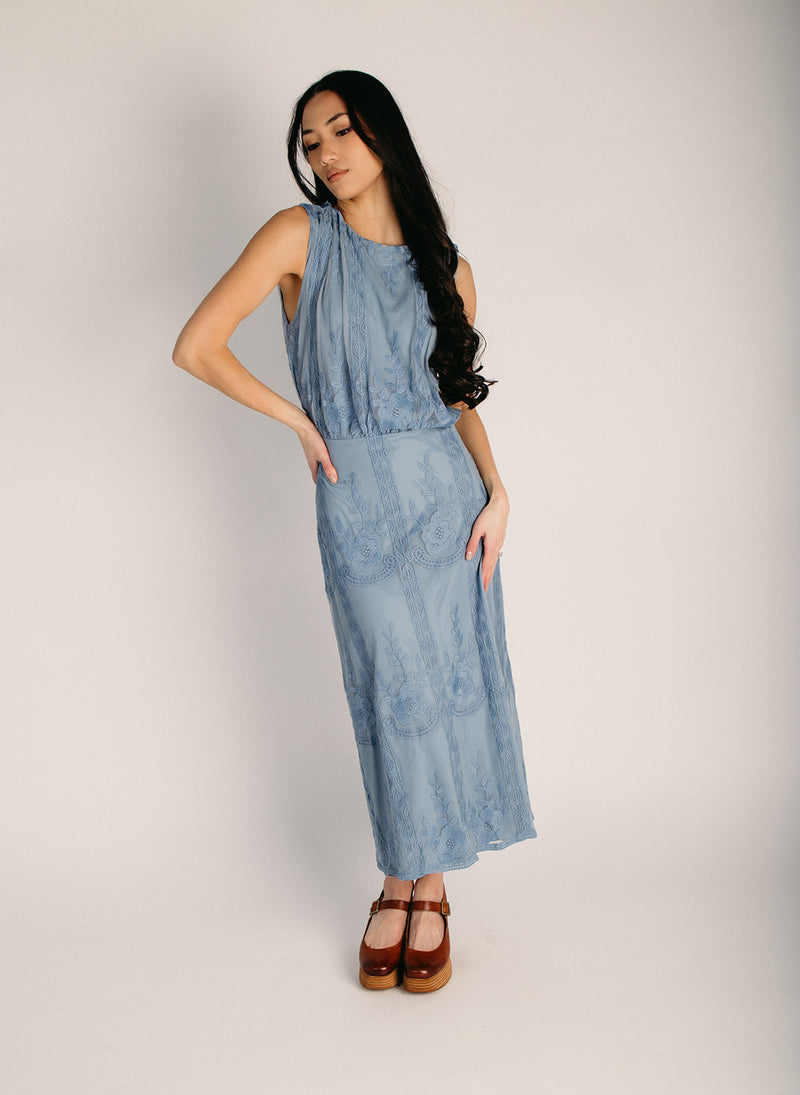 ashley midi dress The Ashley Lace Detail Midi Dress in Blue Large