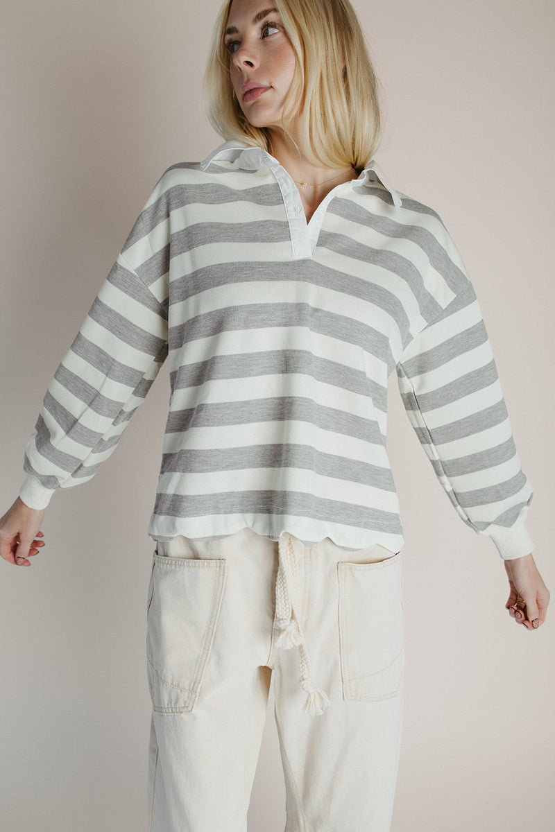 The Bowery Polo Blouse in Heather Grey + Ivory