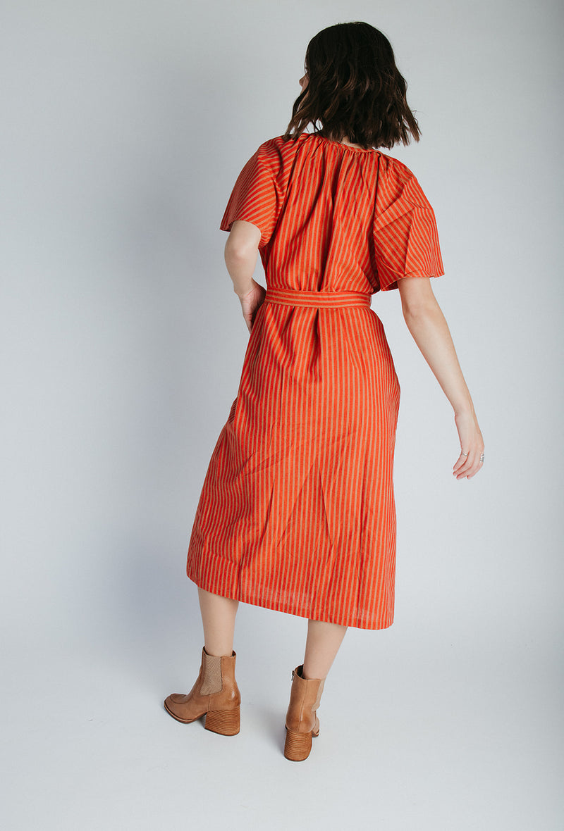 The Tessie Striped Linen Midi Dress in Orange