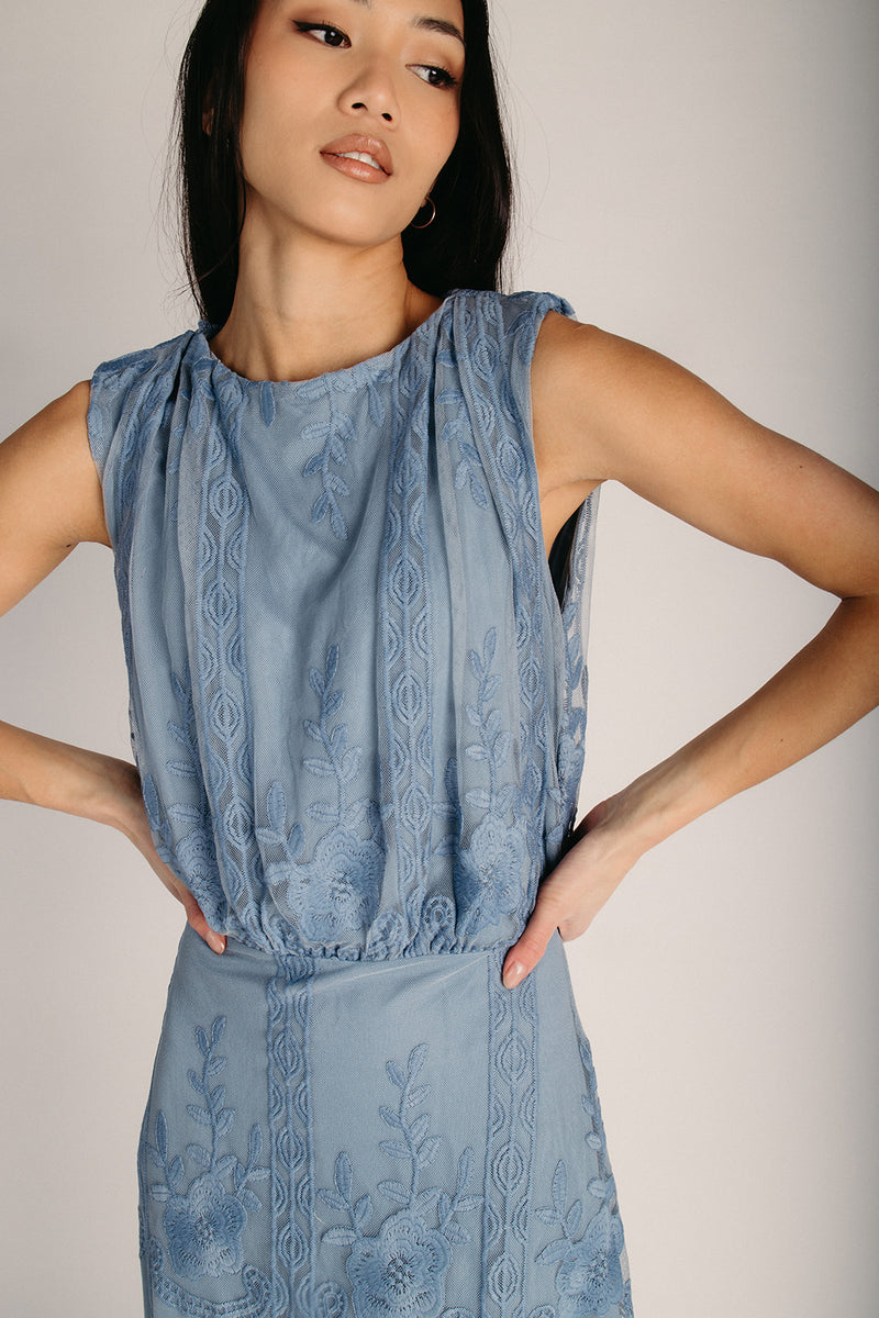 ashley midi dress The Ashley Lace Detail Midi Dress in Blue Large