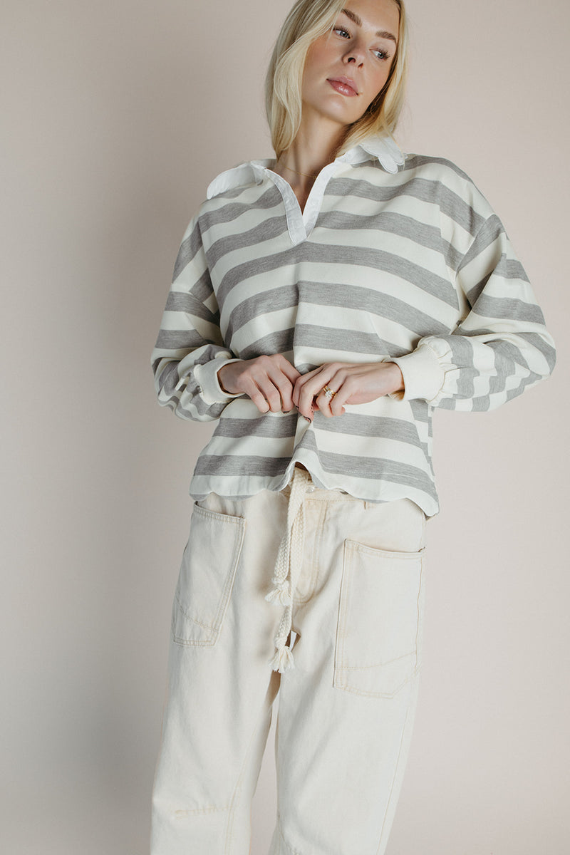 The Bowery Polo Blouse in Heather Grey + Ivory