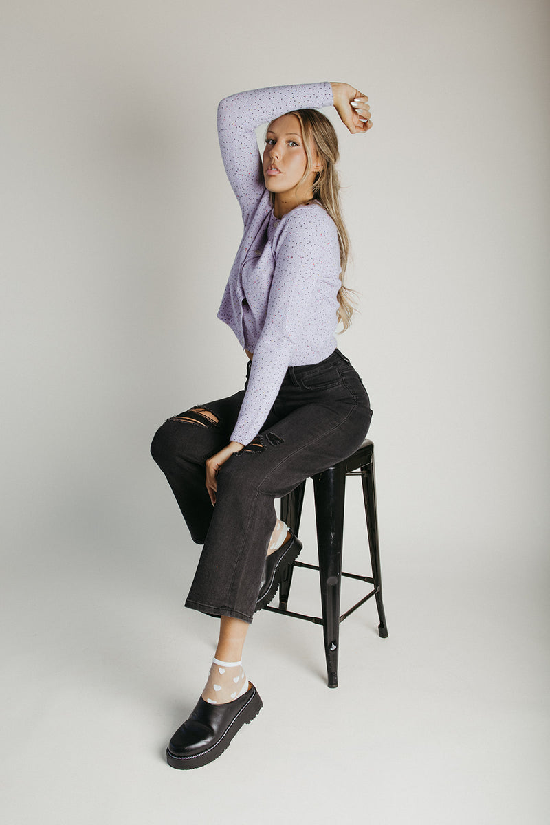 The Marlie Polka Dot Knit Cardigan in Lavender